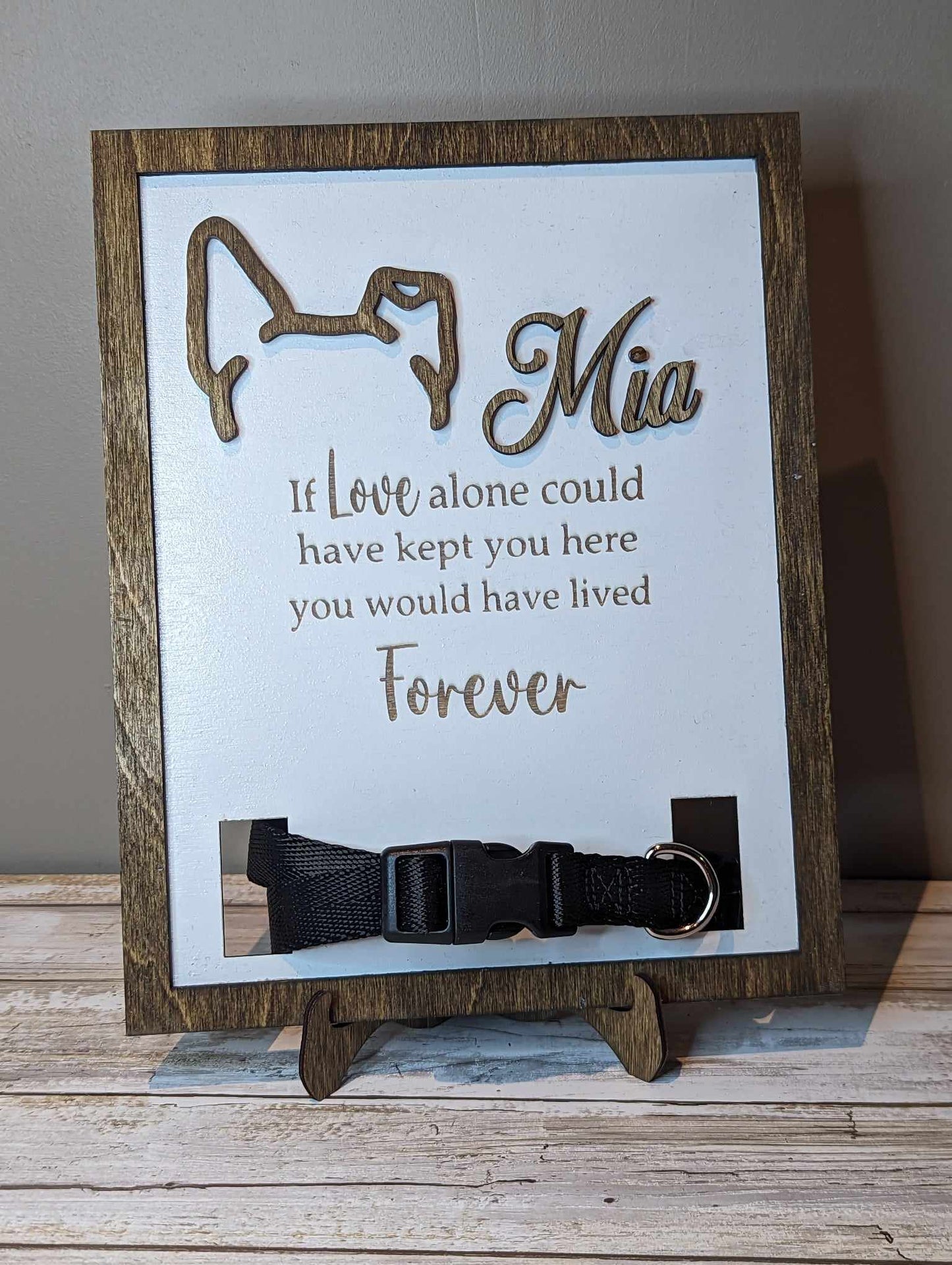 Pet memorial frame with space for collar